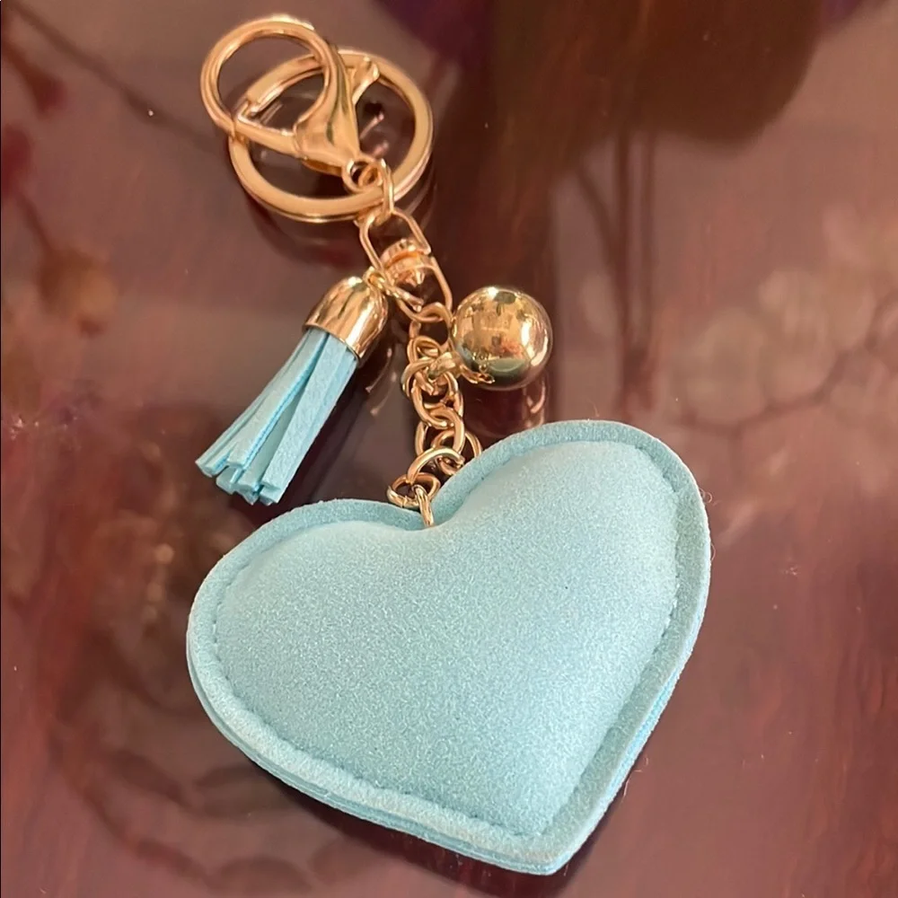Blue Heart Rhinestone Keychain-Purse Charm Gold Ball-Blue Tassel New